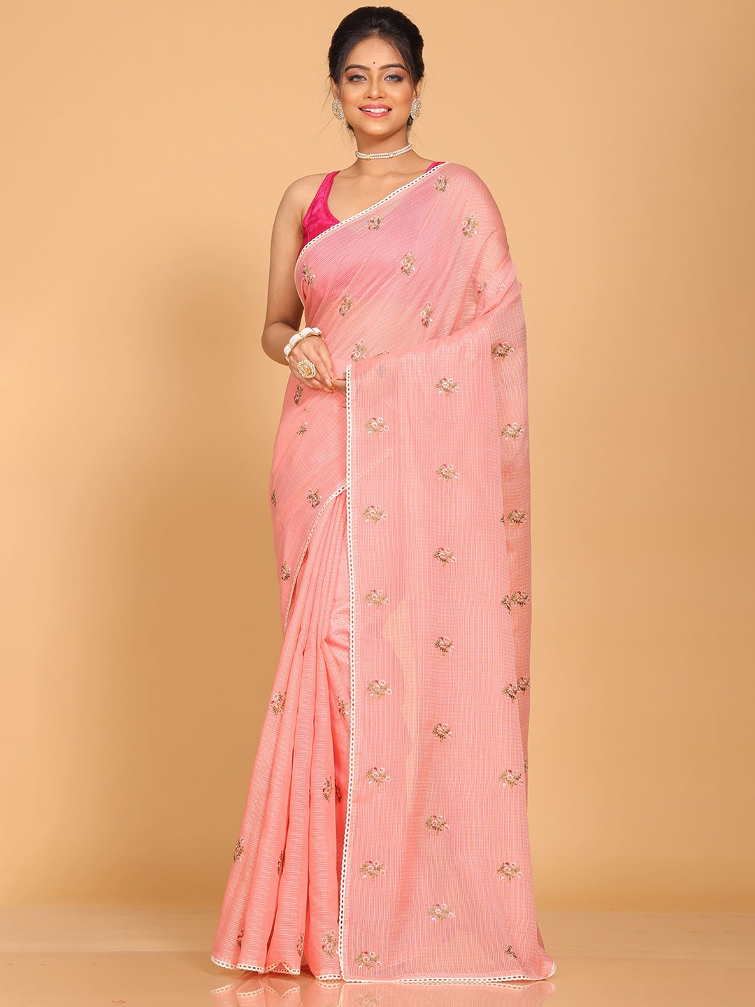 

Morchari Pure Cotton Floral Embroidered Festive Saree, Peach