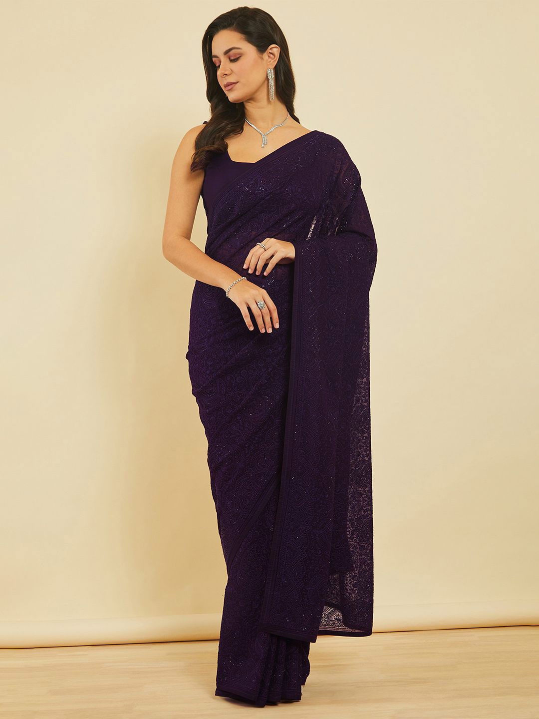 

Soch Ethnic Motif Embroidered Sequinned Saree, Purple