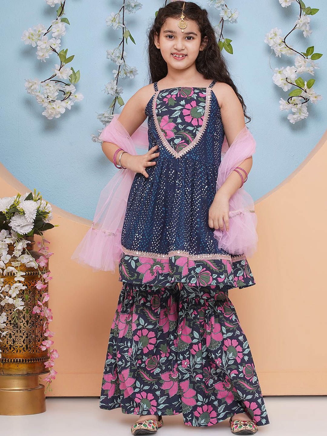 

Bitiya by Bhama Girls Printed Empire Pure Cotton A-Line Kurta With Sharara & Dupatta, Navy blue