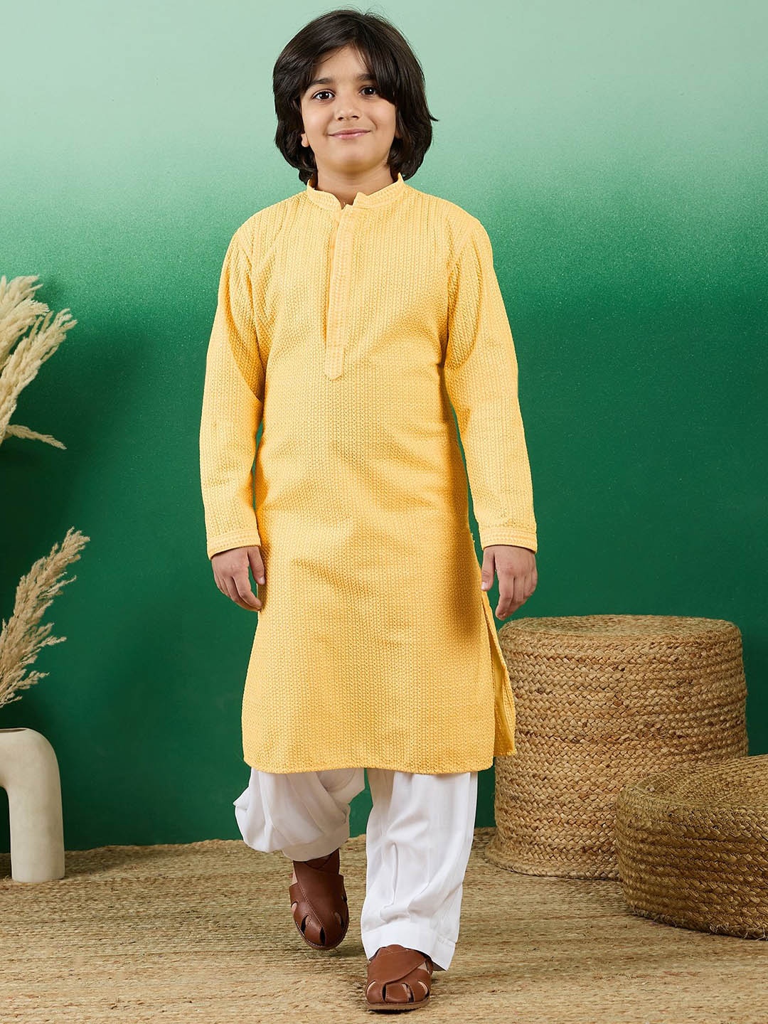 

Sangria Dapper & Dazzling Boys Quirky Embroidered Chikankari Straight Kurta With Salwar, Yellow