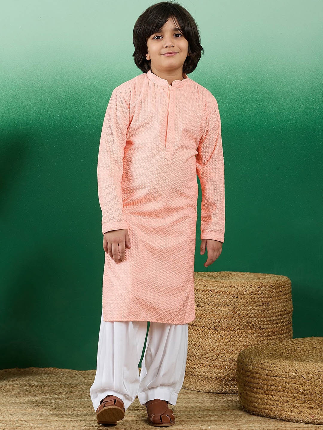 

Sangria Dapper & Dazzling Boys Quirky Embroidered Chikankari Straight Kurta With Salwar, Pink