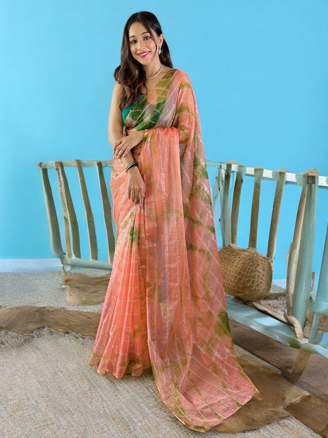 

VAMSEE Striped Organza Leheriya Saree, Peach