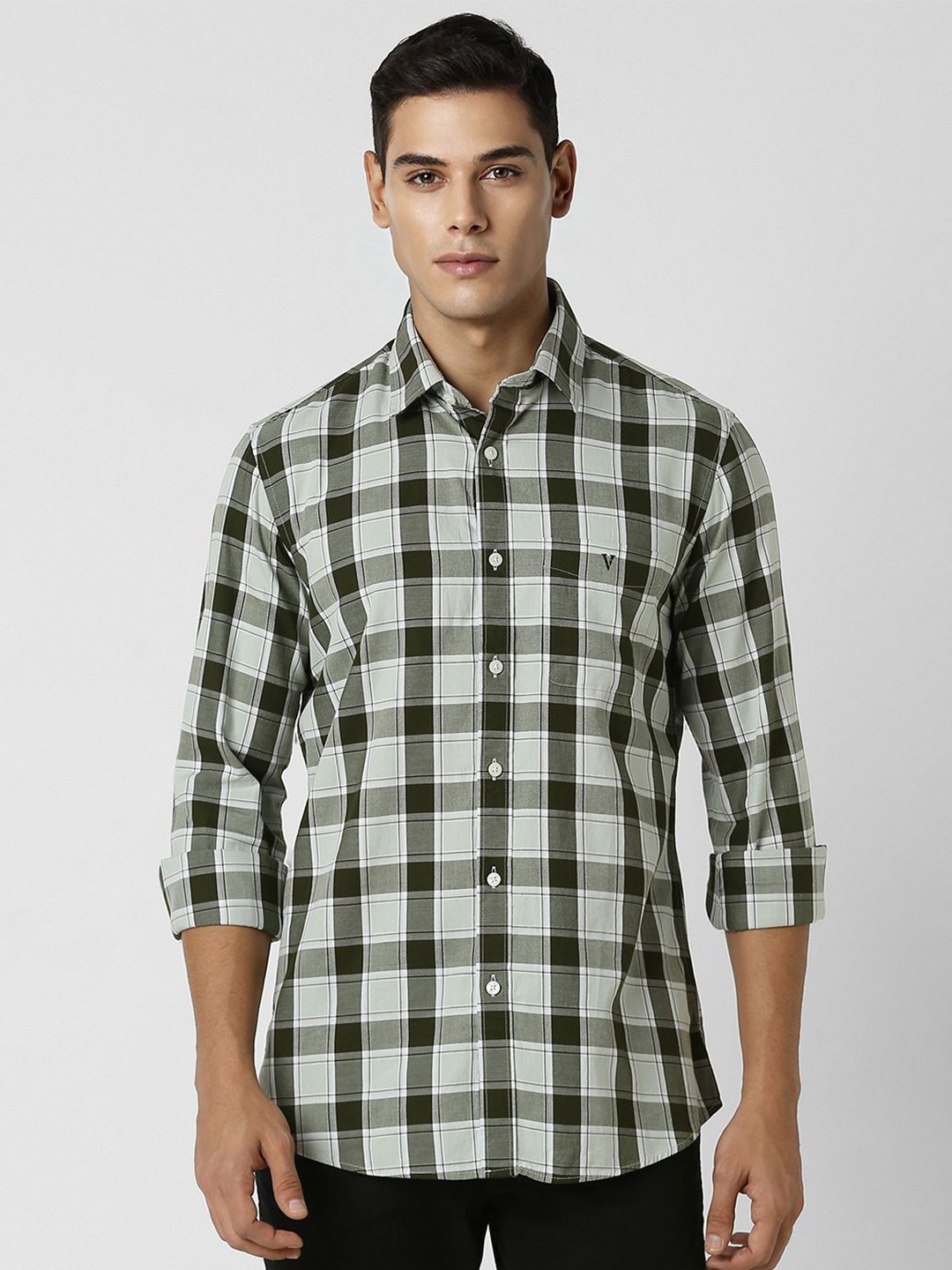 

Van Heusen Sport Men Spread Collar Checked Cotton Slim Fit Casual Shirt, Green