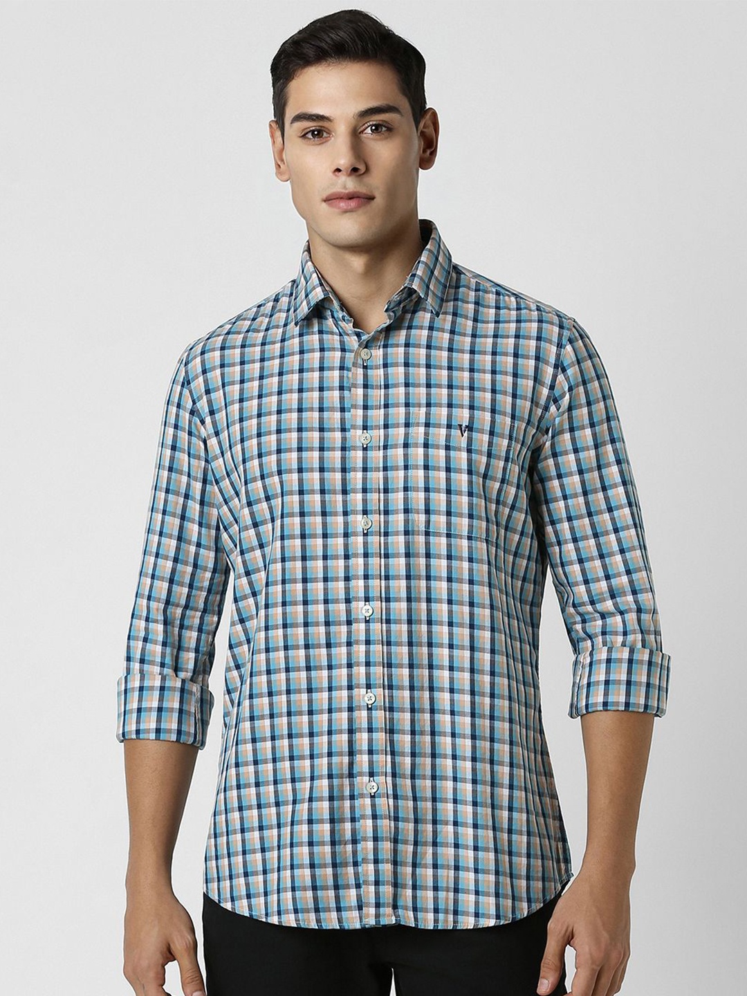 

Van Heusen Sport Men Spread Collar Checked Cotton Slim Fit Casual Shirt, Multi