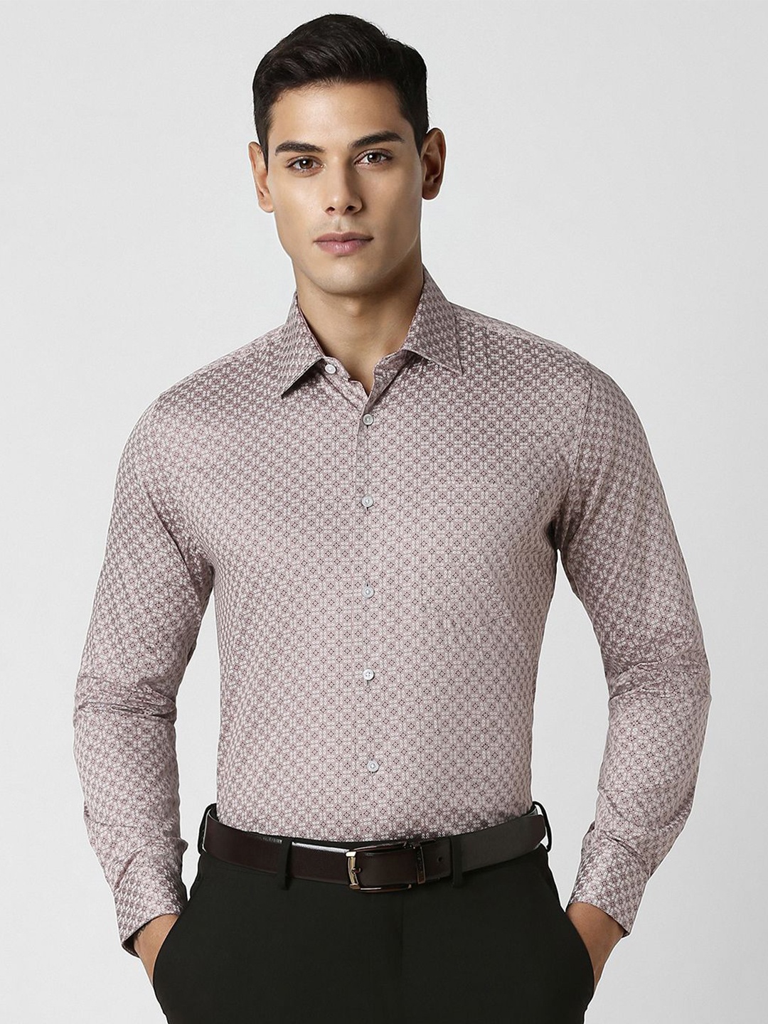 

Van Heusen Men Slim Fit Opaque Printed Party Shirt, Brown