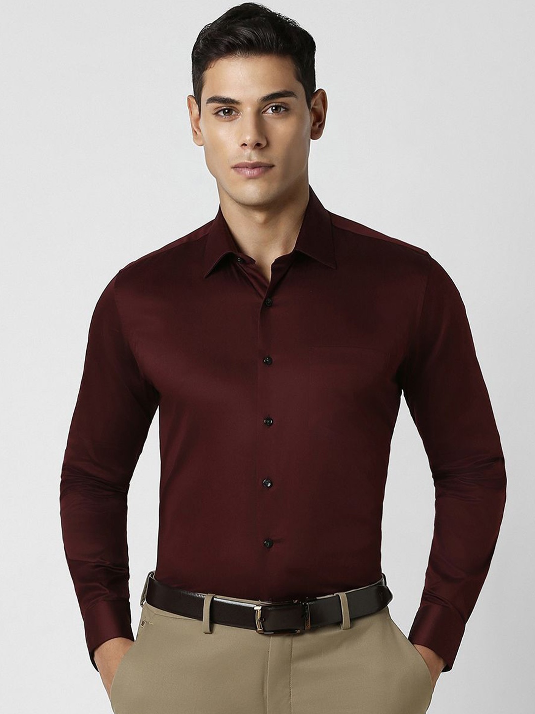 

Van Heusen Men Spread Collar Solid Cotton Slim Fit Party Shirt, Maroon