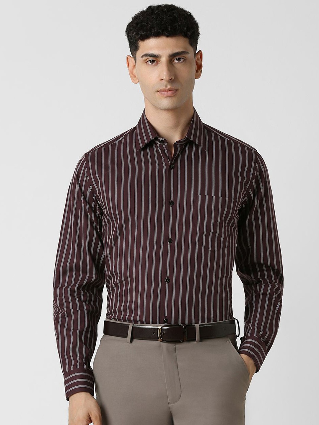 

Van Heusen Men Spread Collar Striped Cotton Party Shirt, Brown