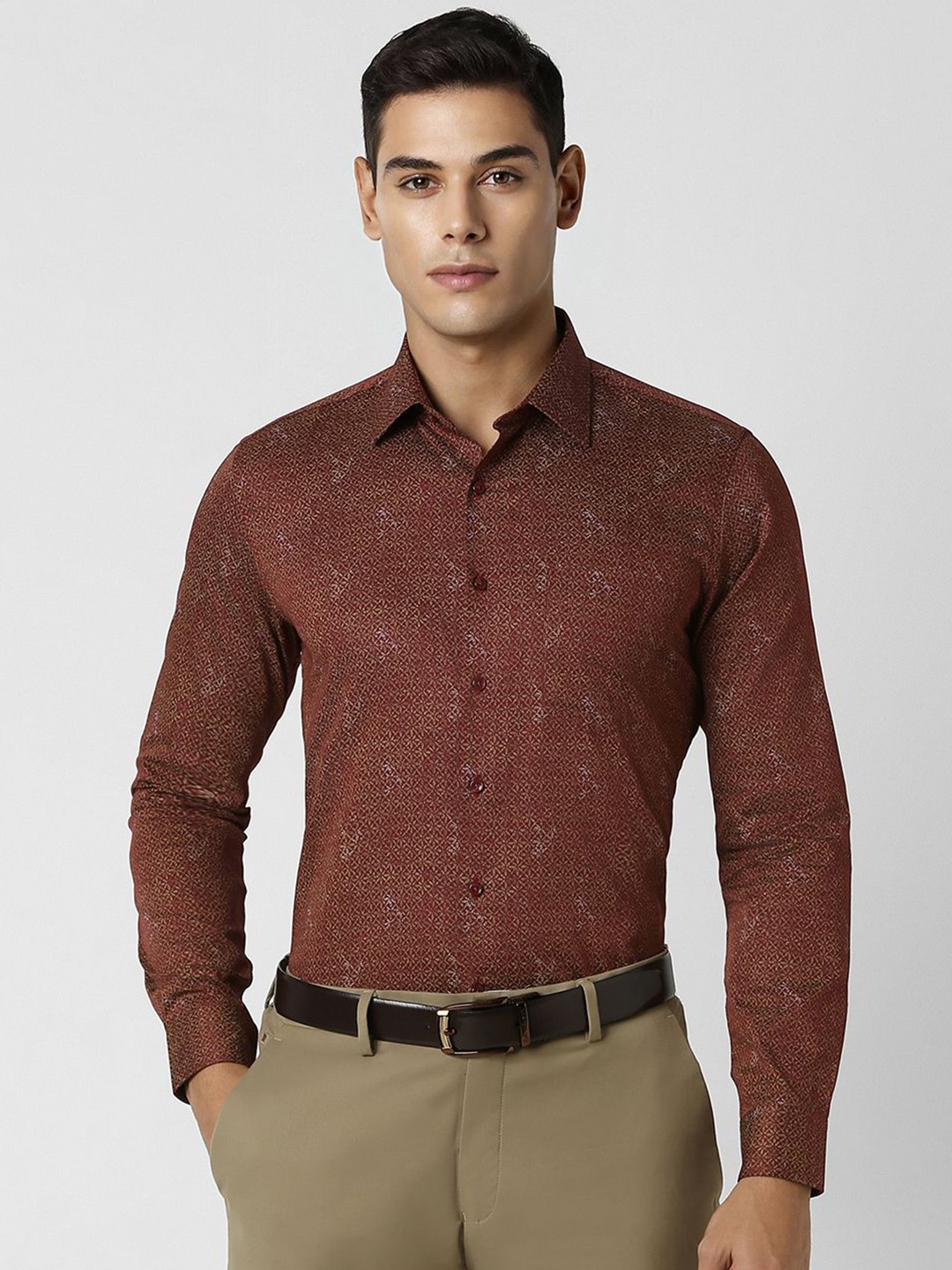 

Van Heusen Men Spread Collar Floral Printed Cotton Slim Fit Party Shirt, Brown