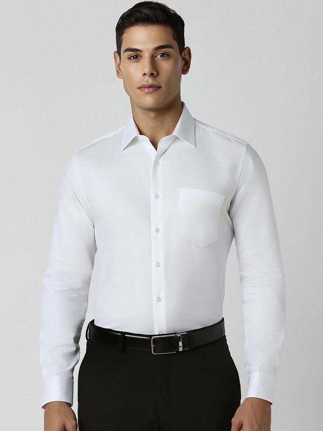 

Van Heusen Men Spread Collar Textured Solid Cotton Slim Fit Party Shirt, White