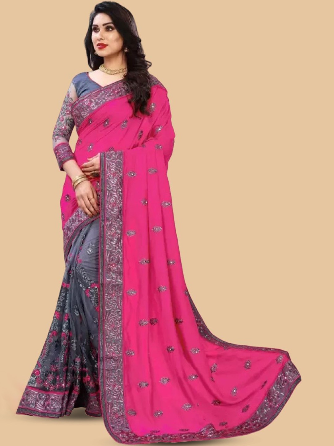 

LADY SHOPI Embellished Embroidered Half and Half Saree, Pink