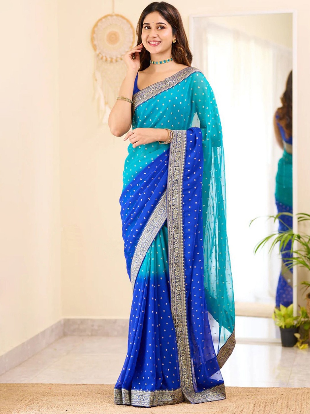 

LADY SHOPI Ethnic Motifs Pure Georgette Half and Half Saree, Turquoise blue