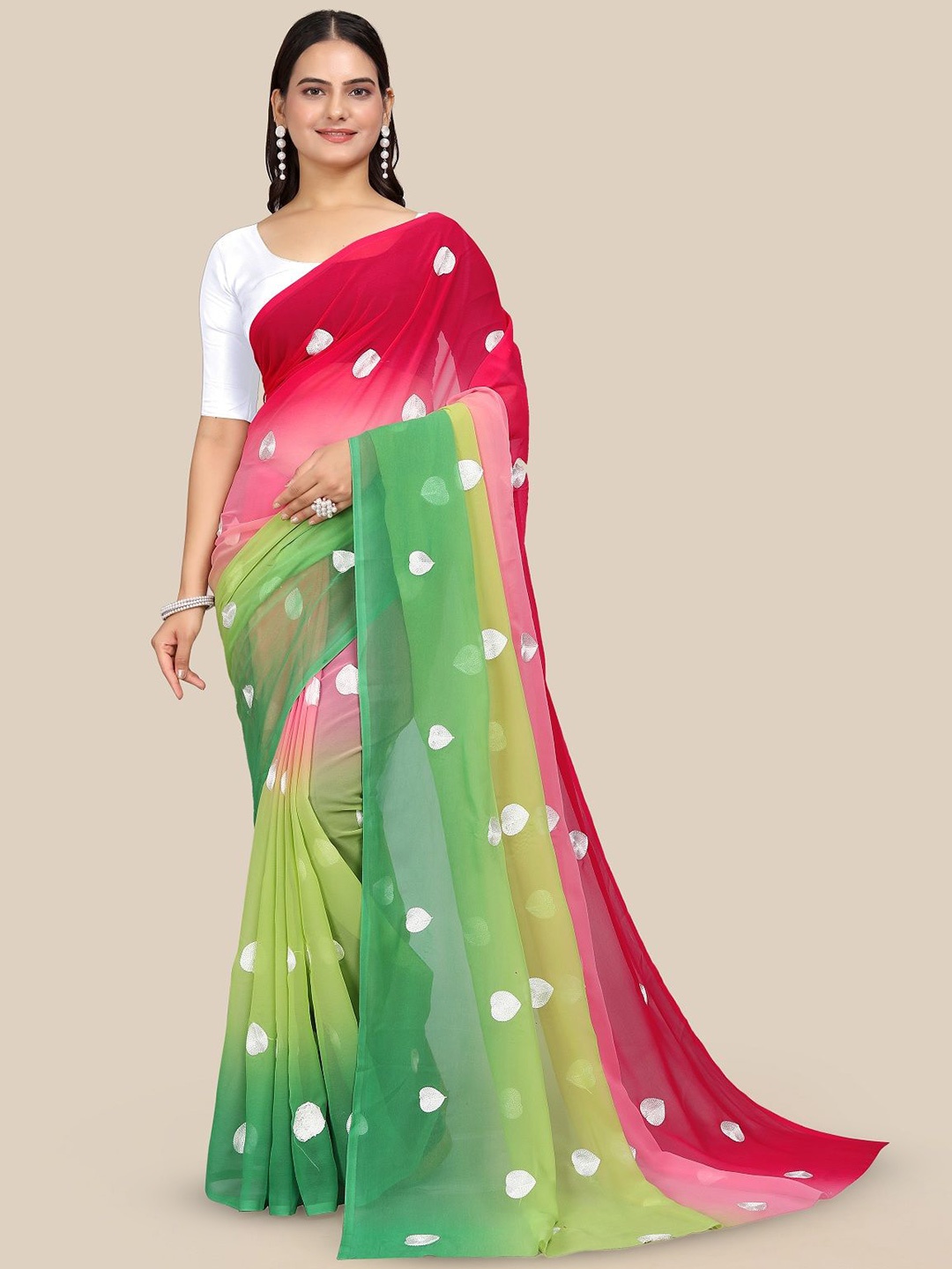 

LADY SHOPI Embellished Sequinned Pure Georgette Saree, Green