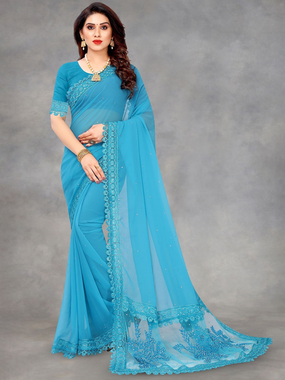 

LADY SHOPI Pure Georgette Embroidered Sequined Festive Saree, Turquoise blue
