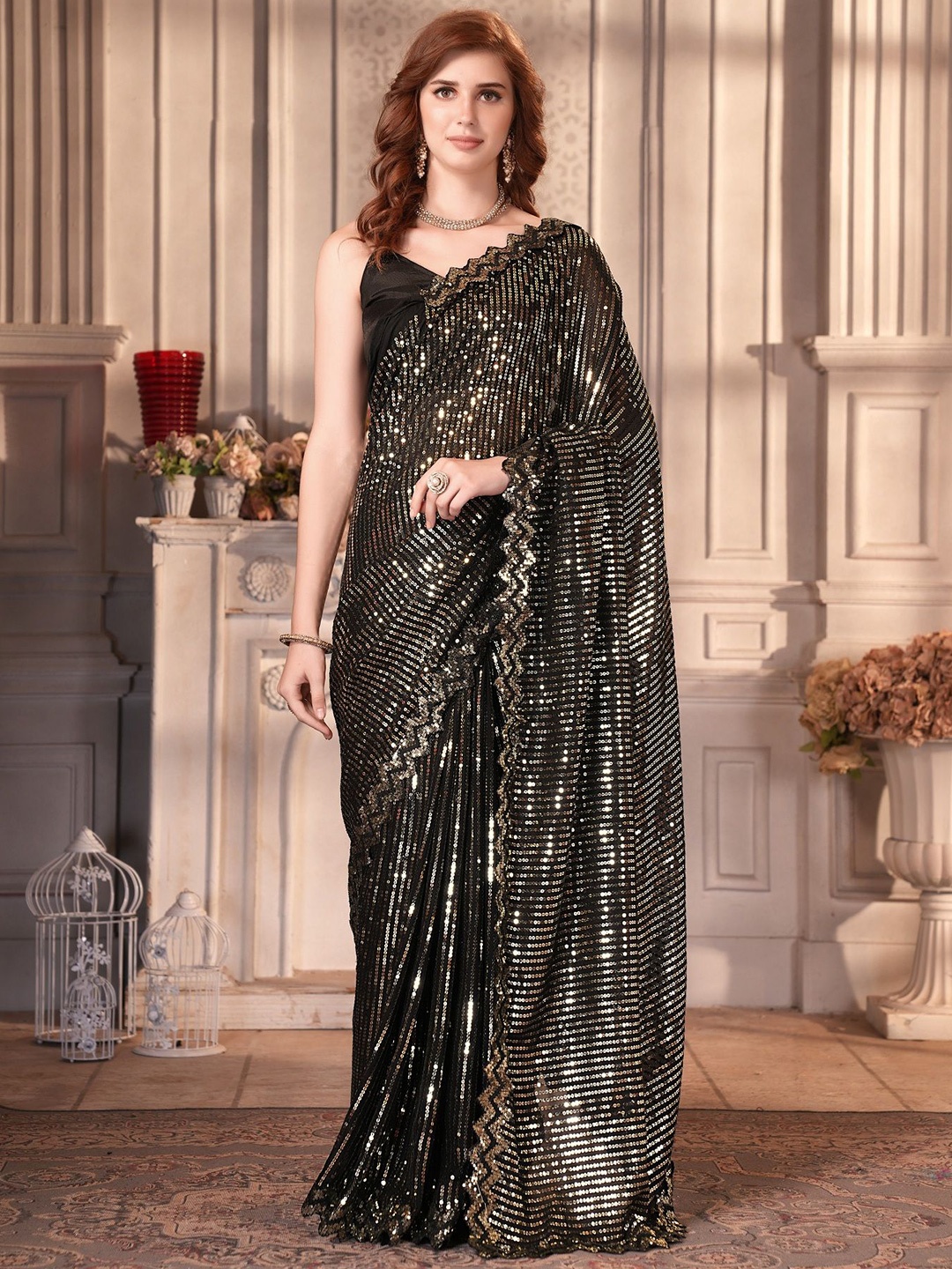 

LADY SHOPI Embellished Sequinned Pure Georgette Saree, Black