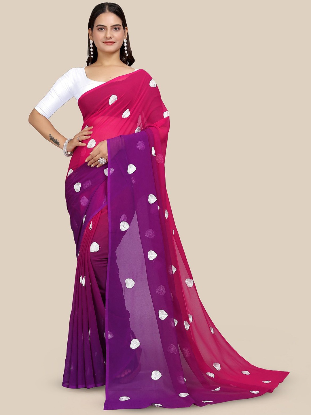 

LADY SHOPI Embellished Embroidered Pure Georgette Ombre Saree, Pink