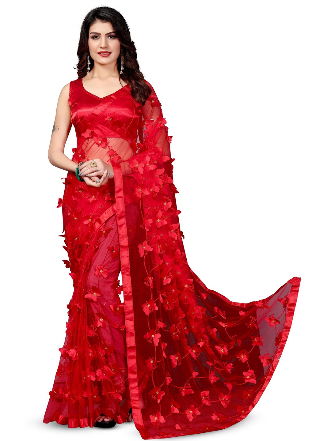

LADY SHOPI Floral Embroidered Sequinned Saree, Red