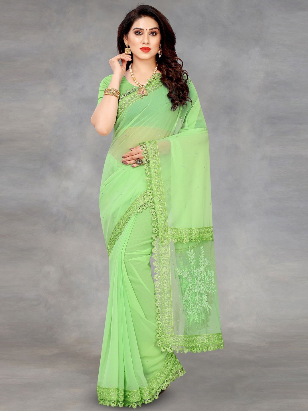 

LADY SHOPI Embroidered Sequinned Pure Georgette Saree, Green