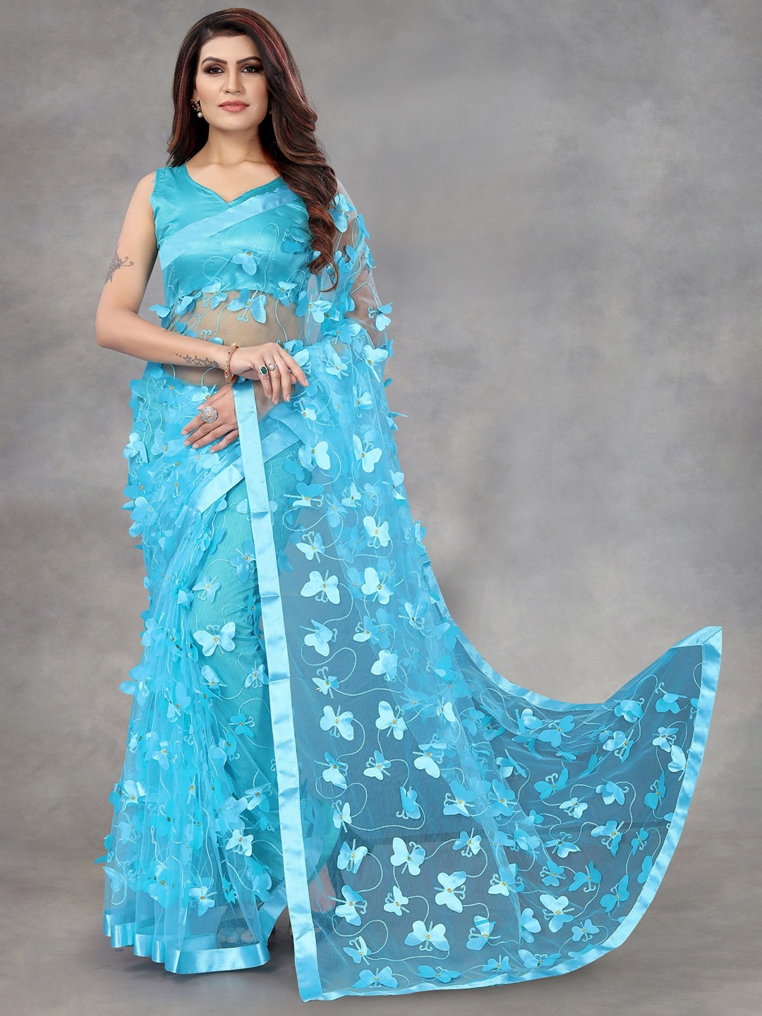 

LADY SHOPI Embroidered Embellished Net Saree, Turquoise blue