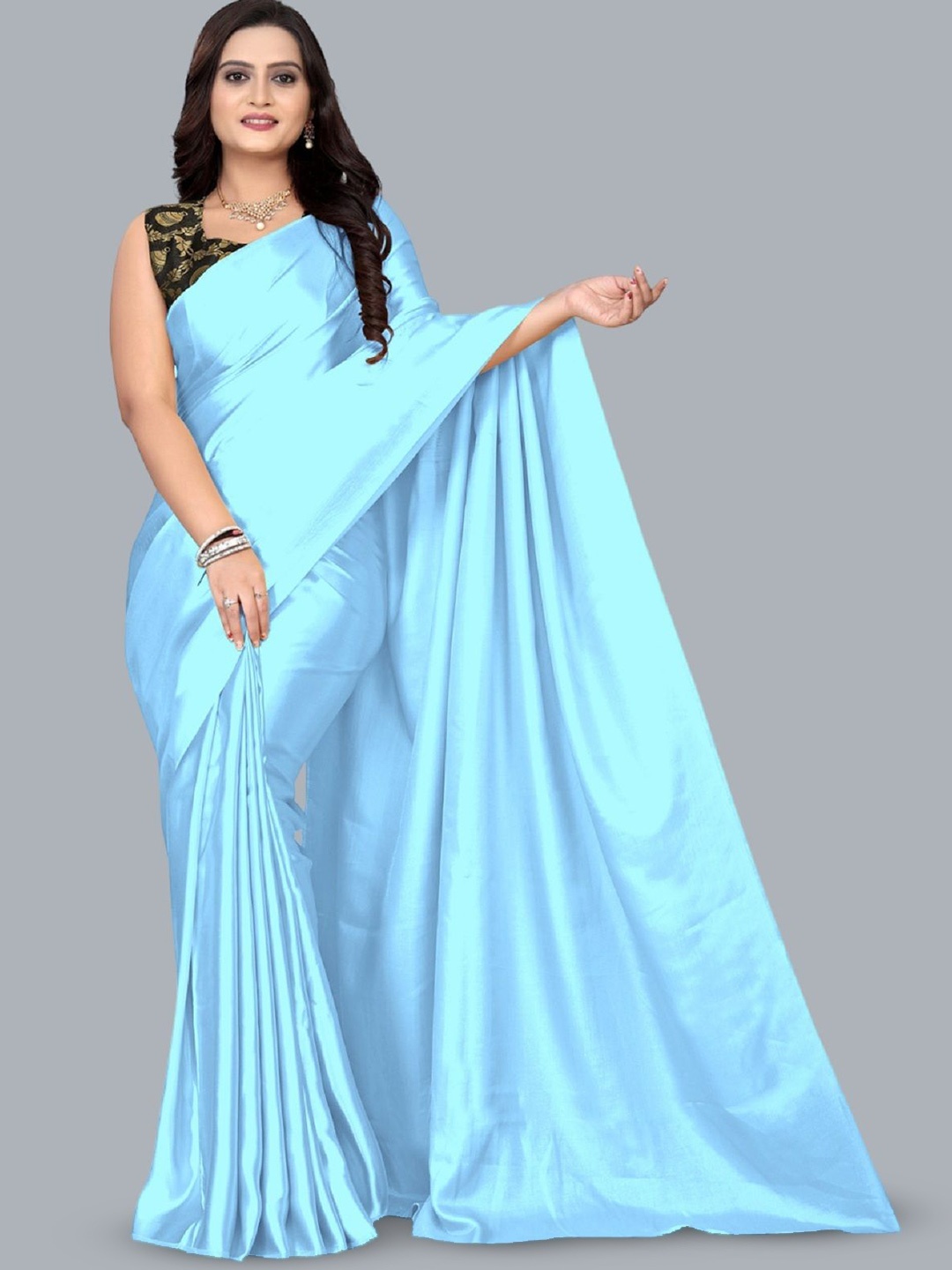 LADY SHOPI Solid Satin Saree, Turquoise blue