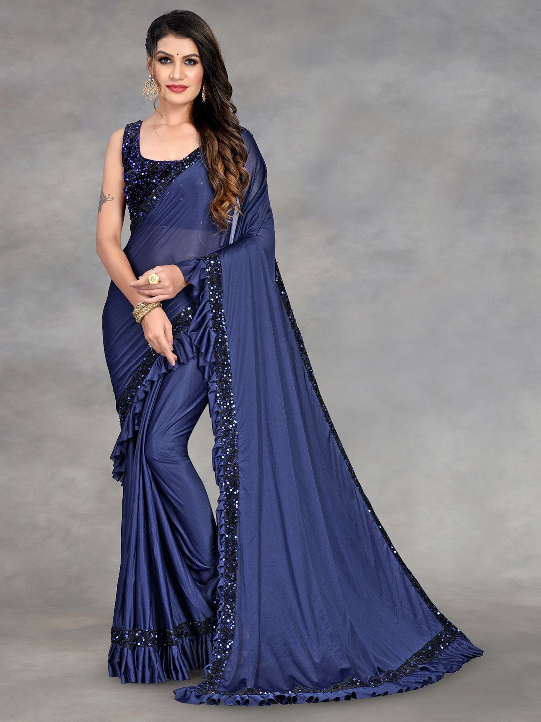 

LADY SHOPI Lycra Solid Sequinned Party Ruffles Saree, Navy blue