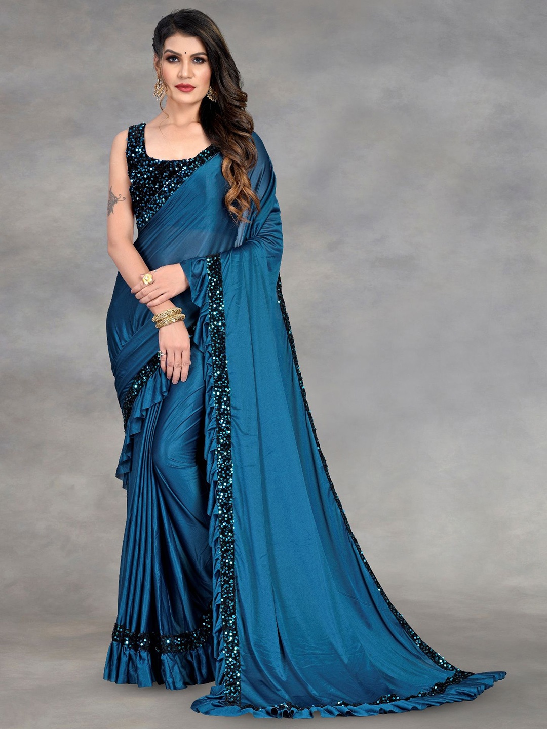 LADY SHOPI Lycra Sequinned Party Saree, Turquoise blue