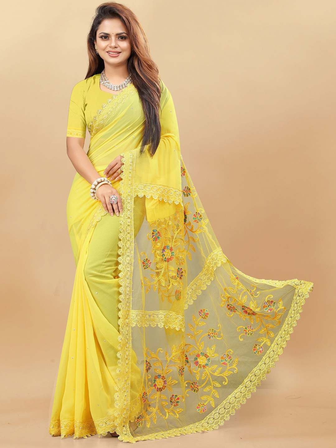 

LADY SHOPI Embroidered Pure Georgette Saree, Yellow