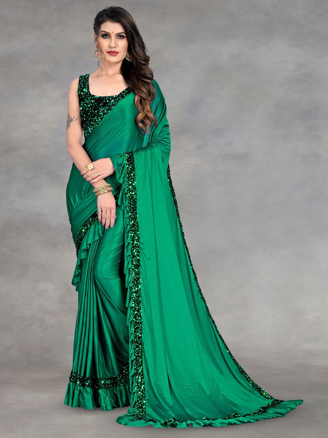 LADY SHOPI Lycra Sequinned Embellished Party Saree, Green