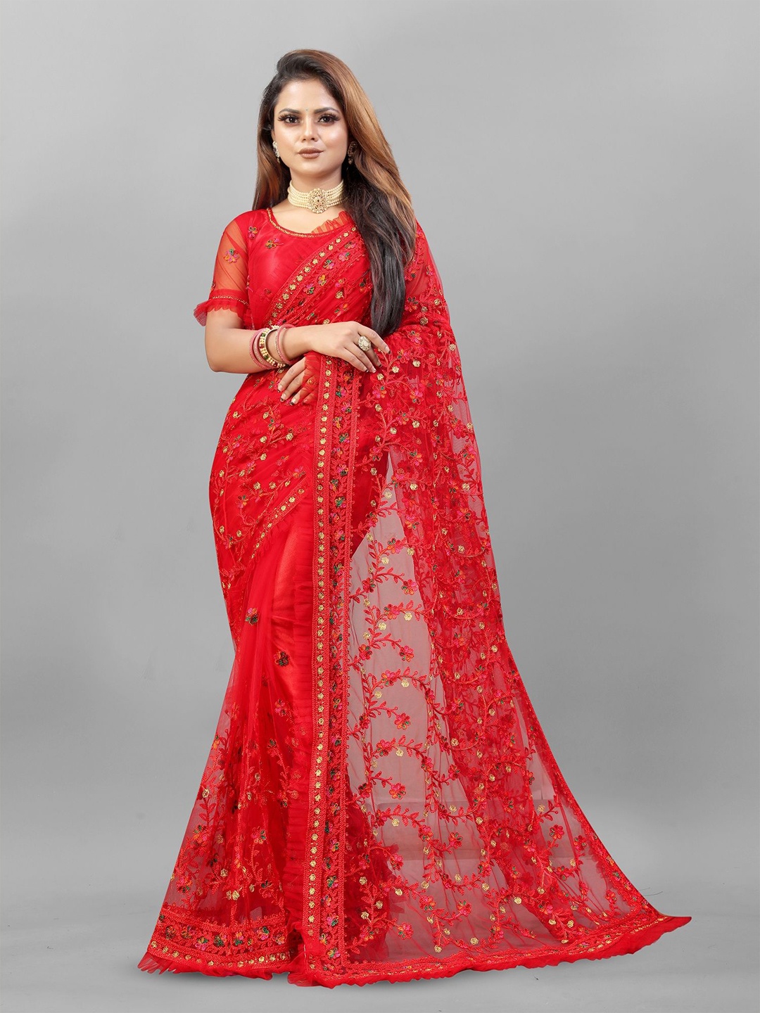 

LADY SHOPI Embellished Embroidered Net Saree, Red