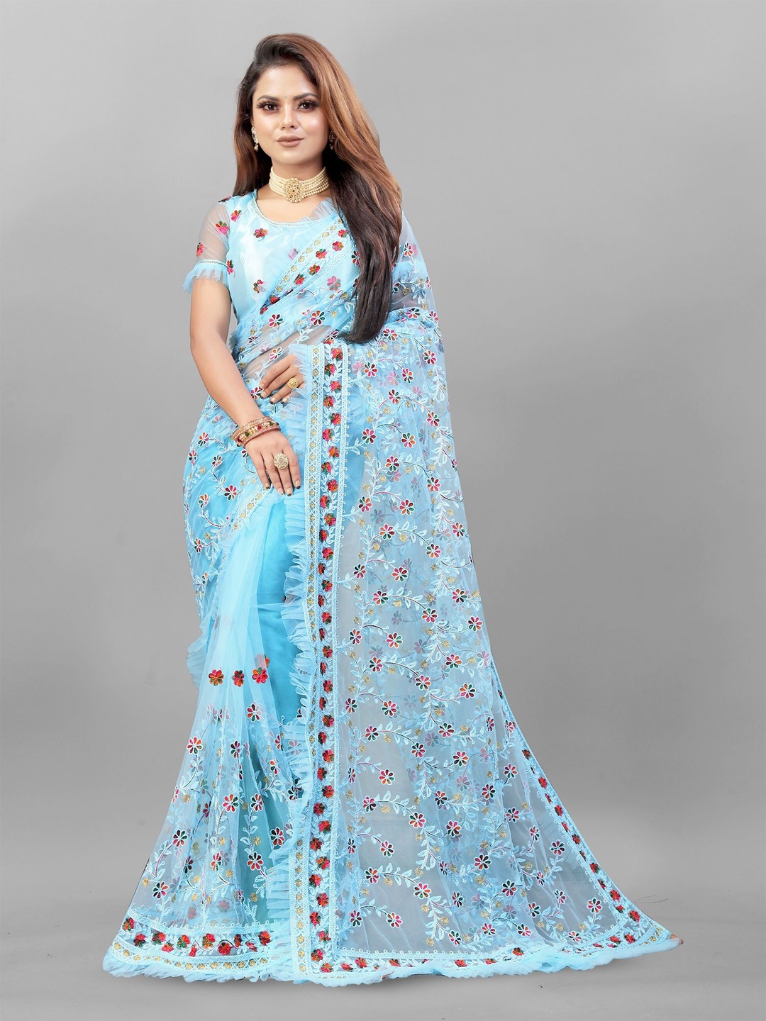

LADY SHOPI Embellished Embroidered Net Saree, Turquoise blue