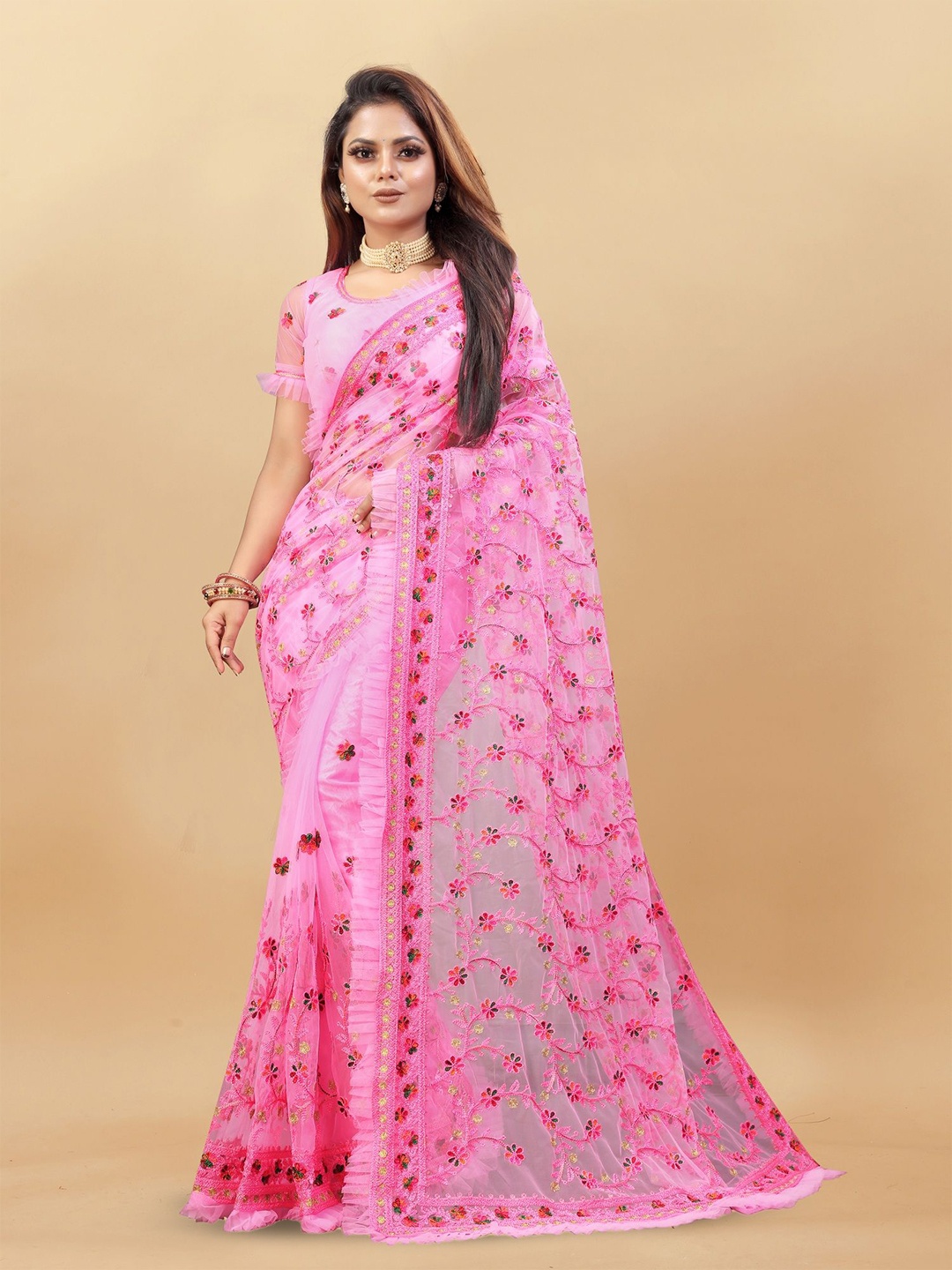 

LADY SHOPI Ethnic Motif Embroidered Net Saree, Pink