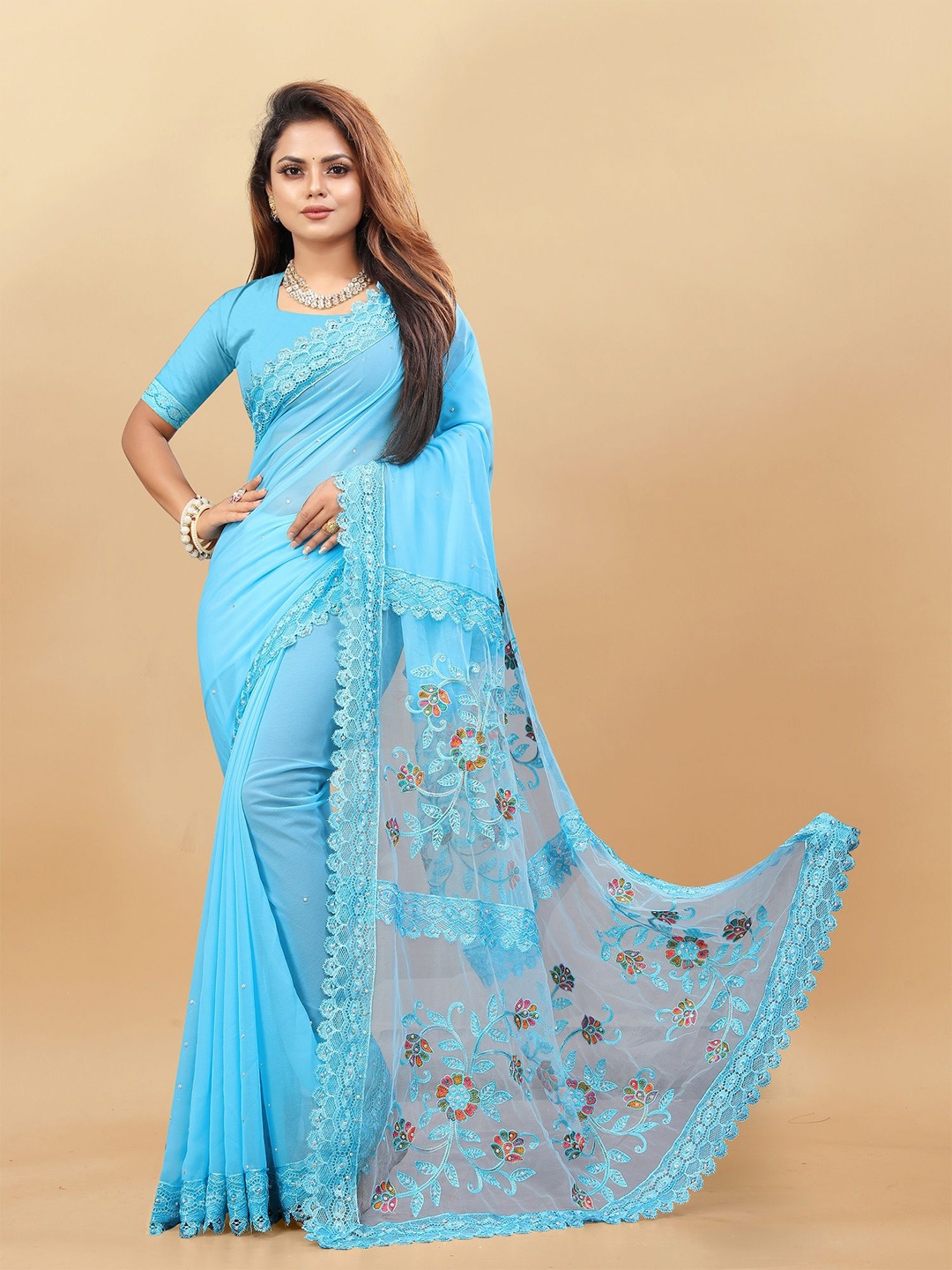 

LADY SHOPI Pure Georgette Embellished Embroidered Party Saree, Turquoise blue