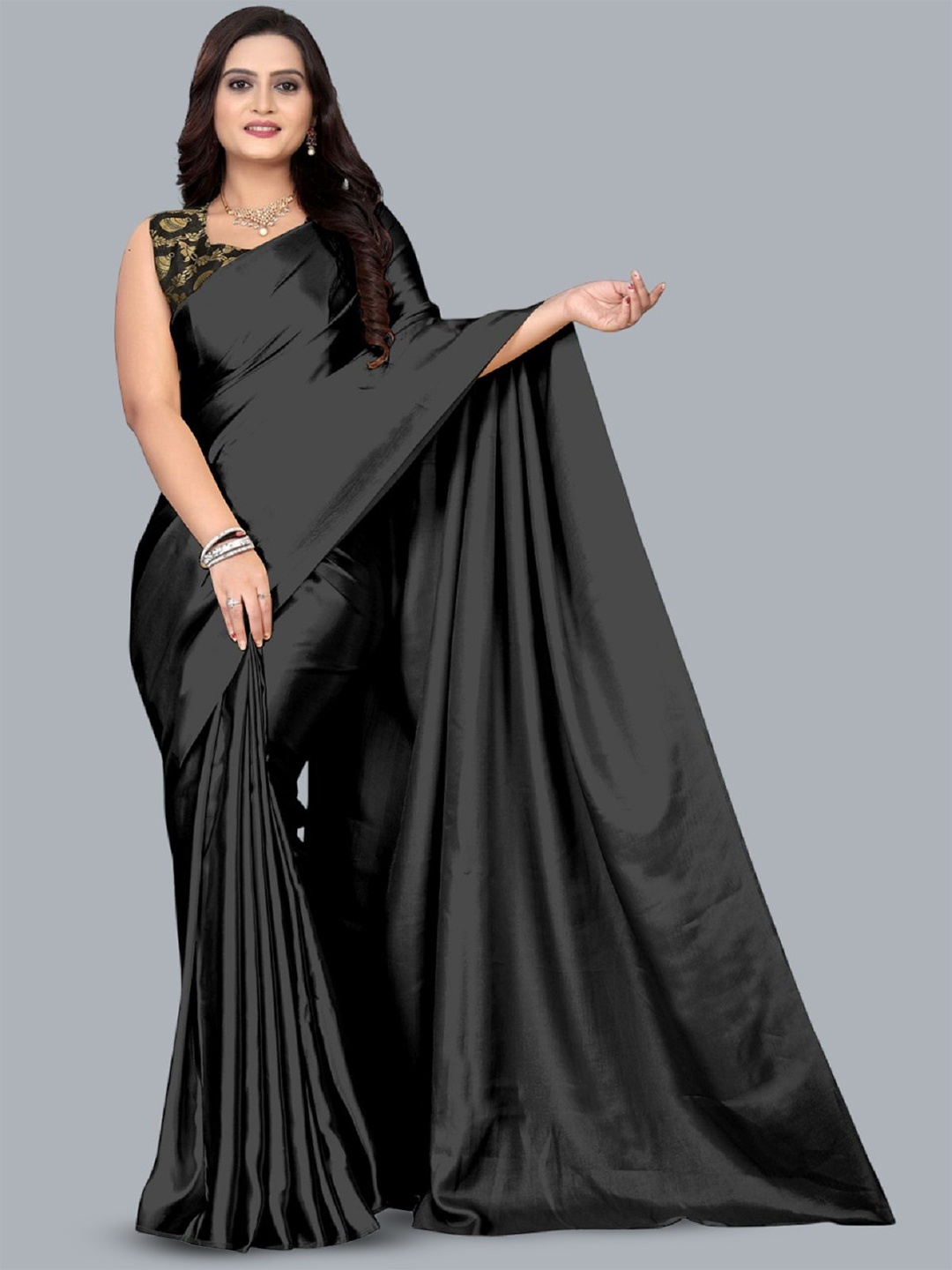 

LADY SHOPI Solid printed Satin Saree, Black