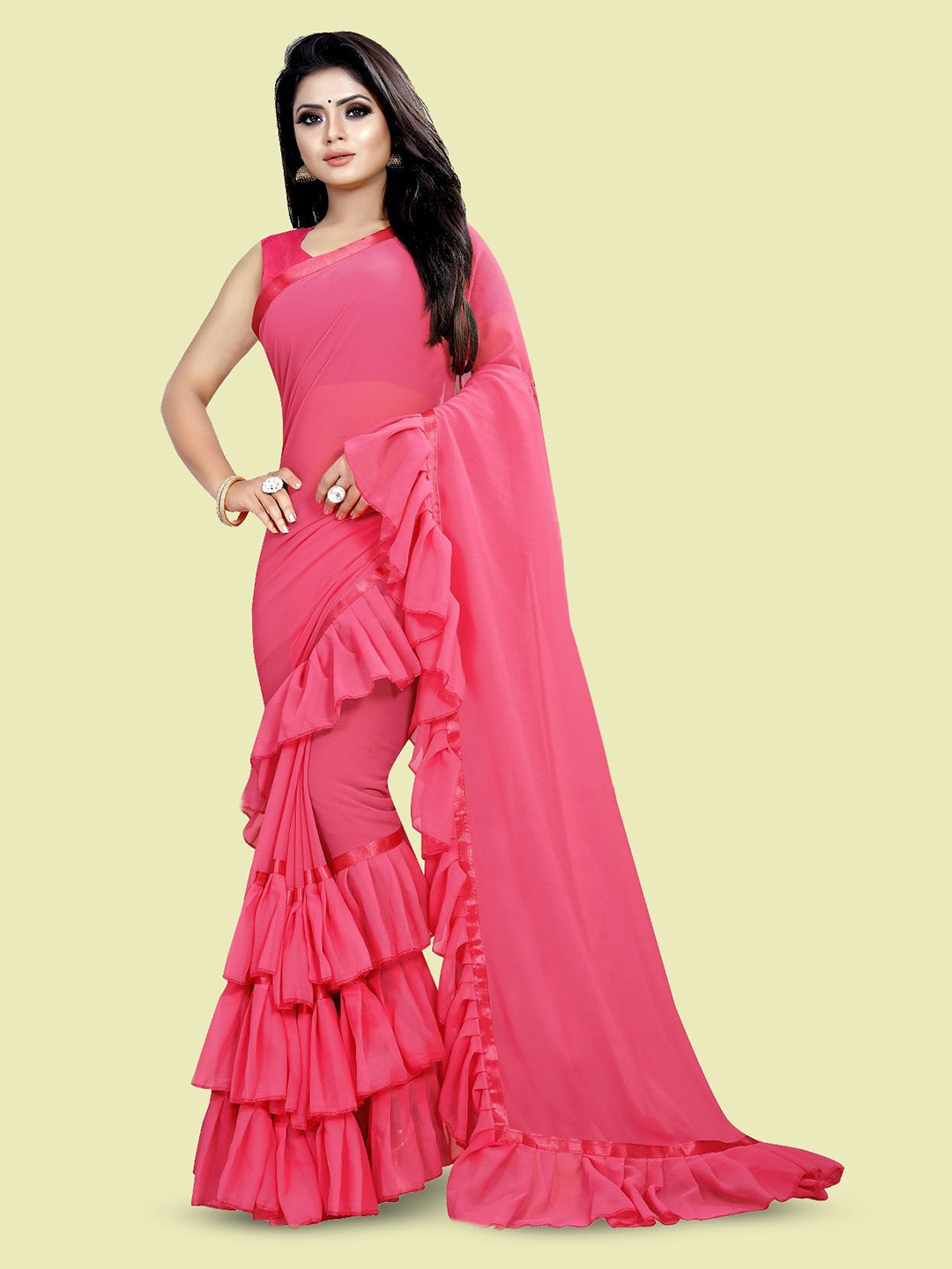 

LADY SHOPI Pure Georgette Ruffles Saree, Pink