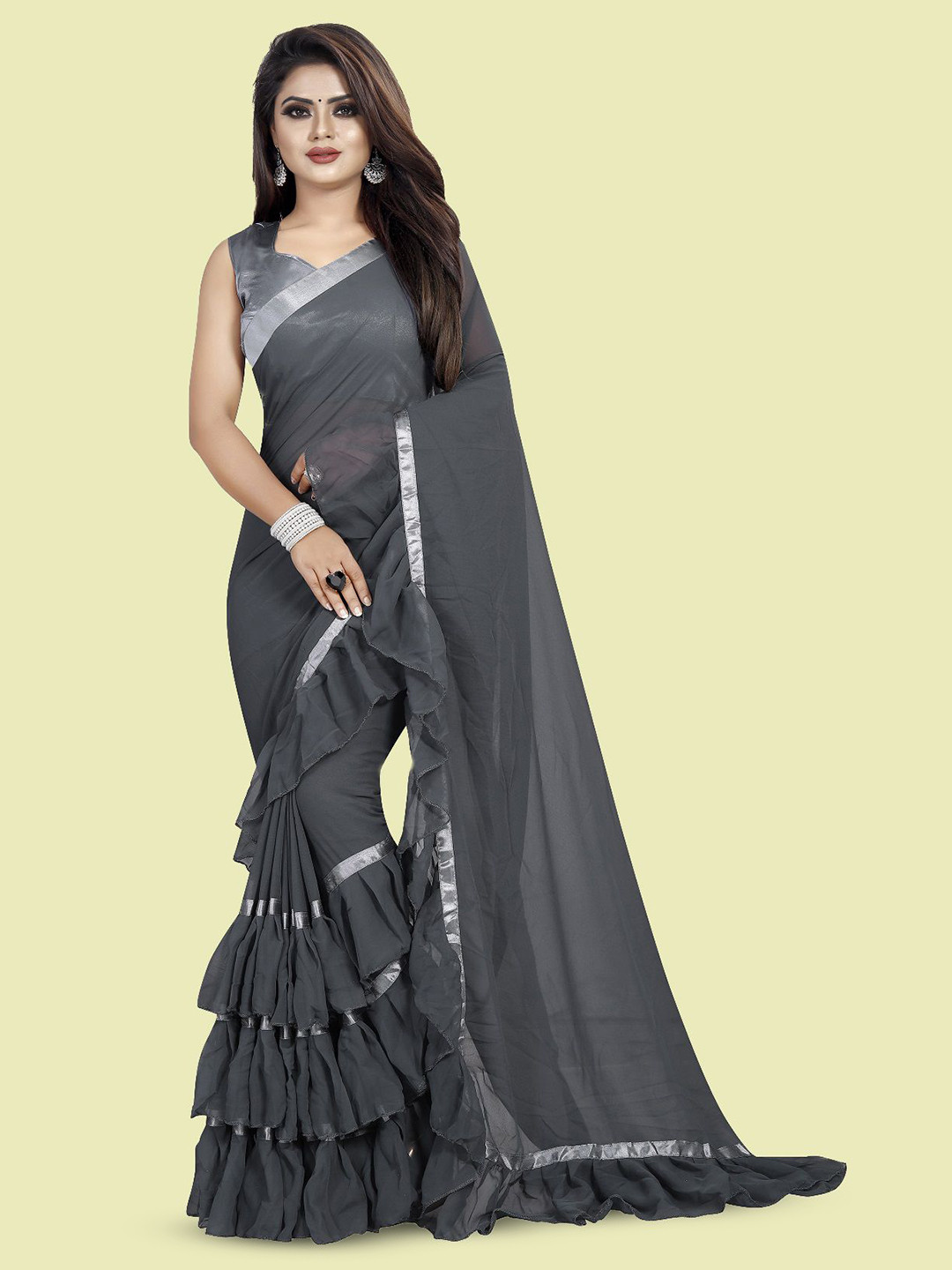 

LADY SHOPI Pure Georgette Ruffles Saree, Grey