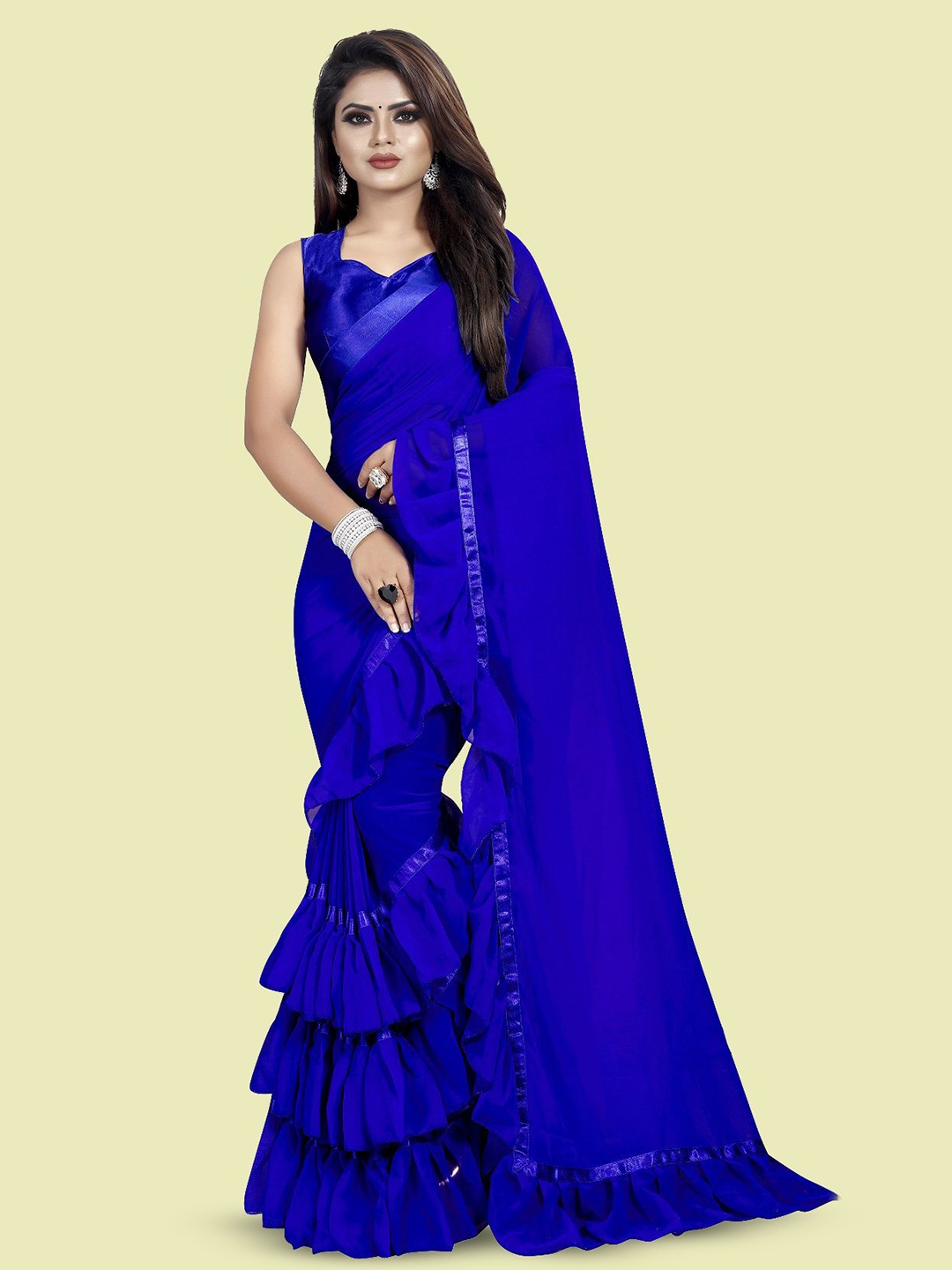 

LADY SHOPI Pure Georgette Ruffle Saree, Blue