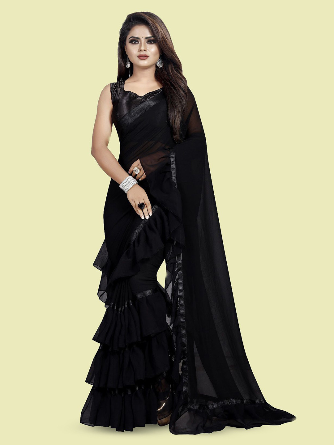 

LADY SHOPI Pure Georgette Ruffles Saree, Black