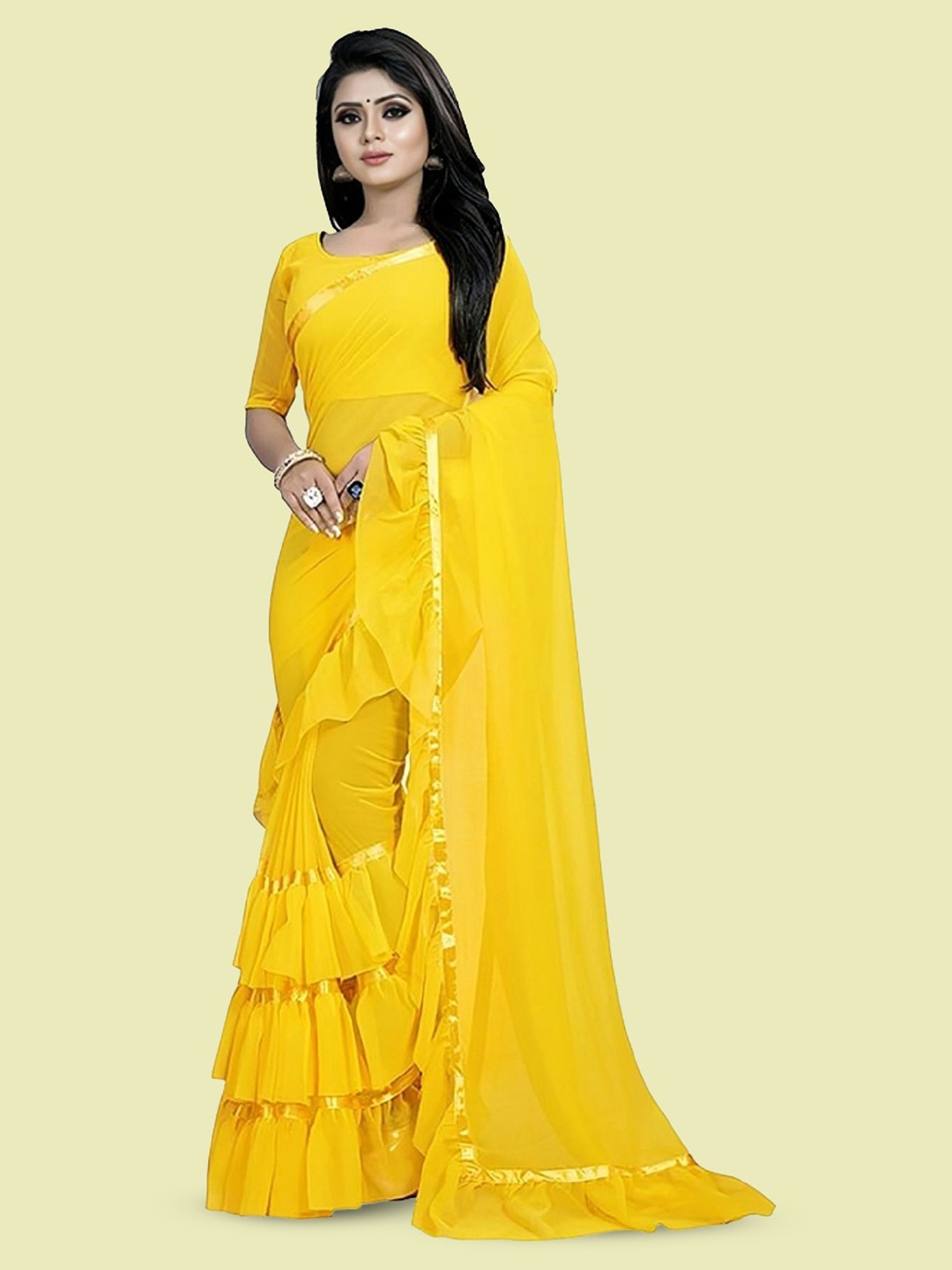 

LADY SHOPI Pure Georgette Ruffle Saree, Yellow