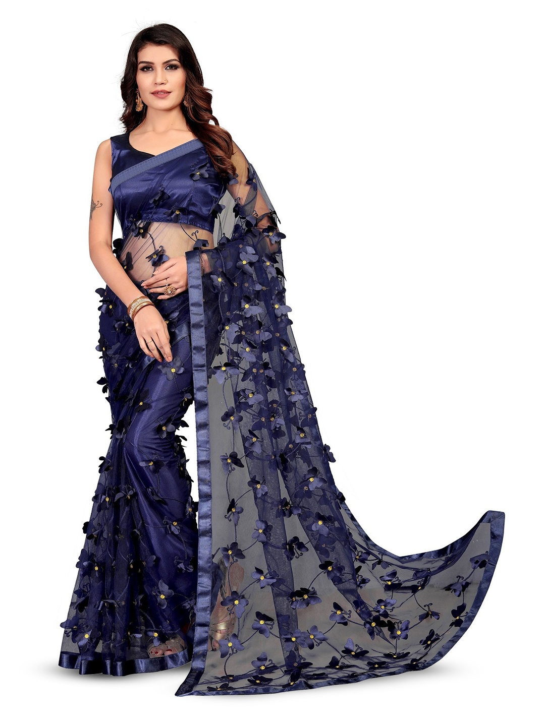 LADY SHOPI Embellished Embroidered Saree, Navy blue