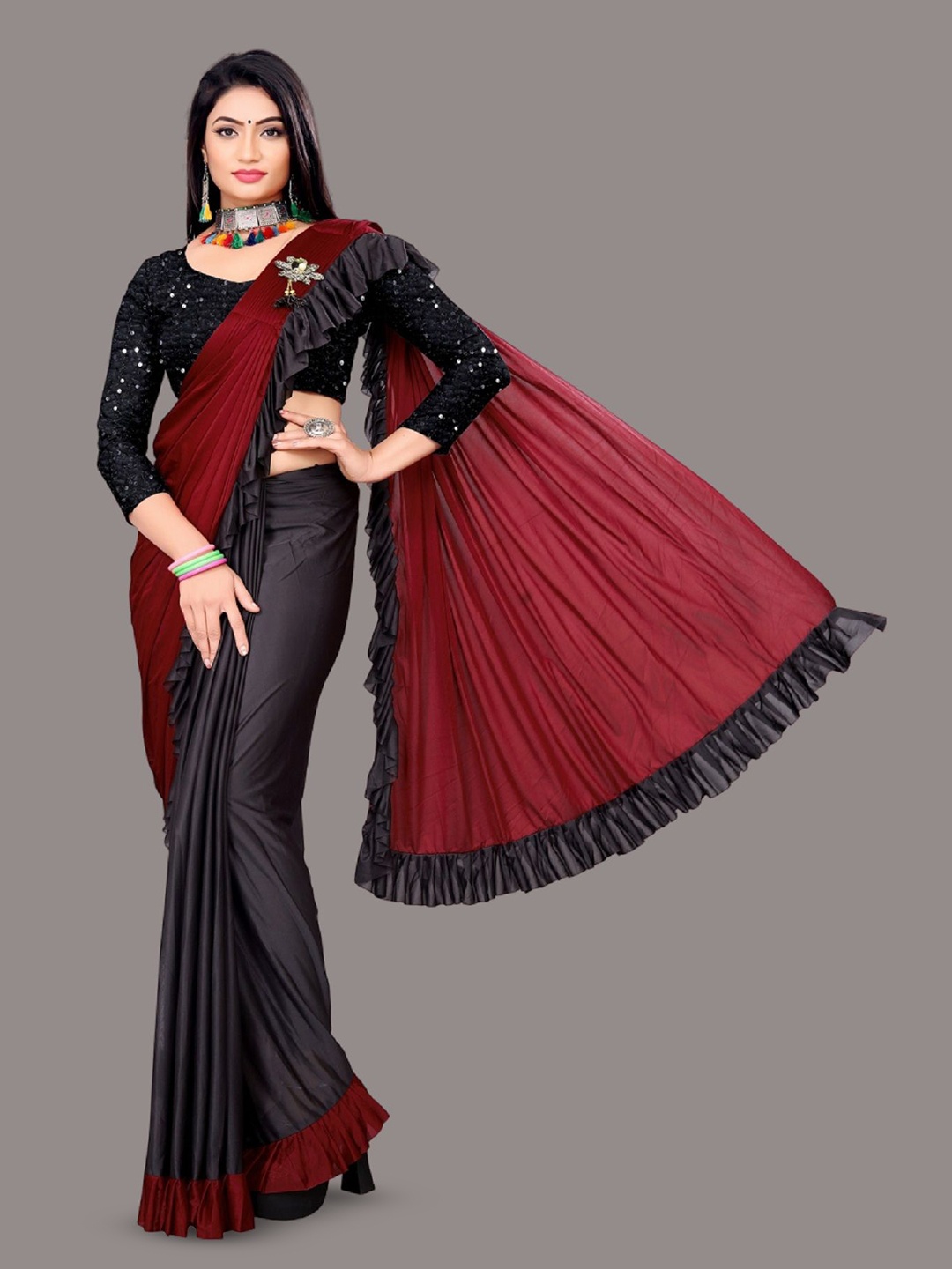 

LADY SHOPI Sequinned Ruffles Saree, Red
