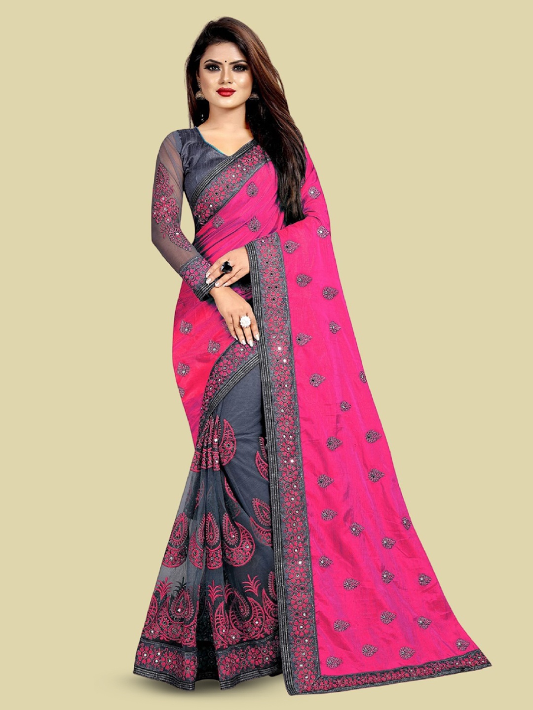 

LADY SHOPI Embellished Embroidered Half and & Saree, Pink