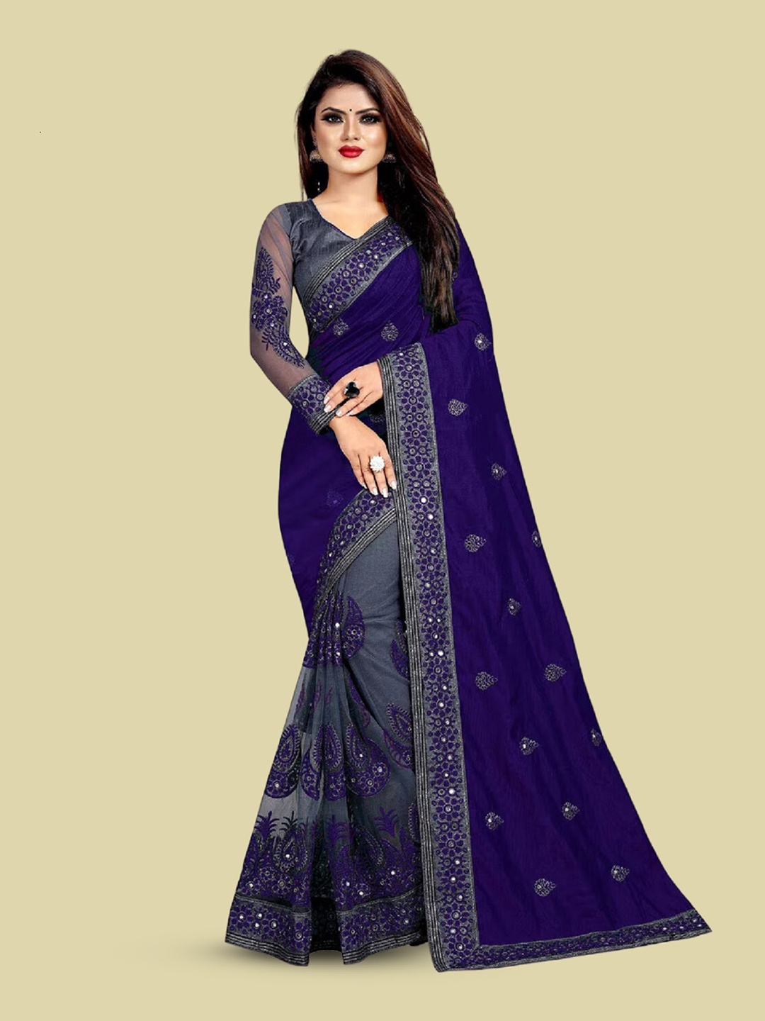 

LADY SHOPI Embellished Embroidered Half & Half Saree, Navy blue