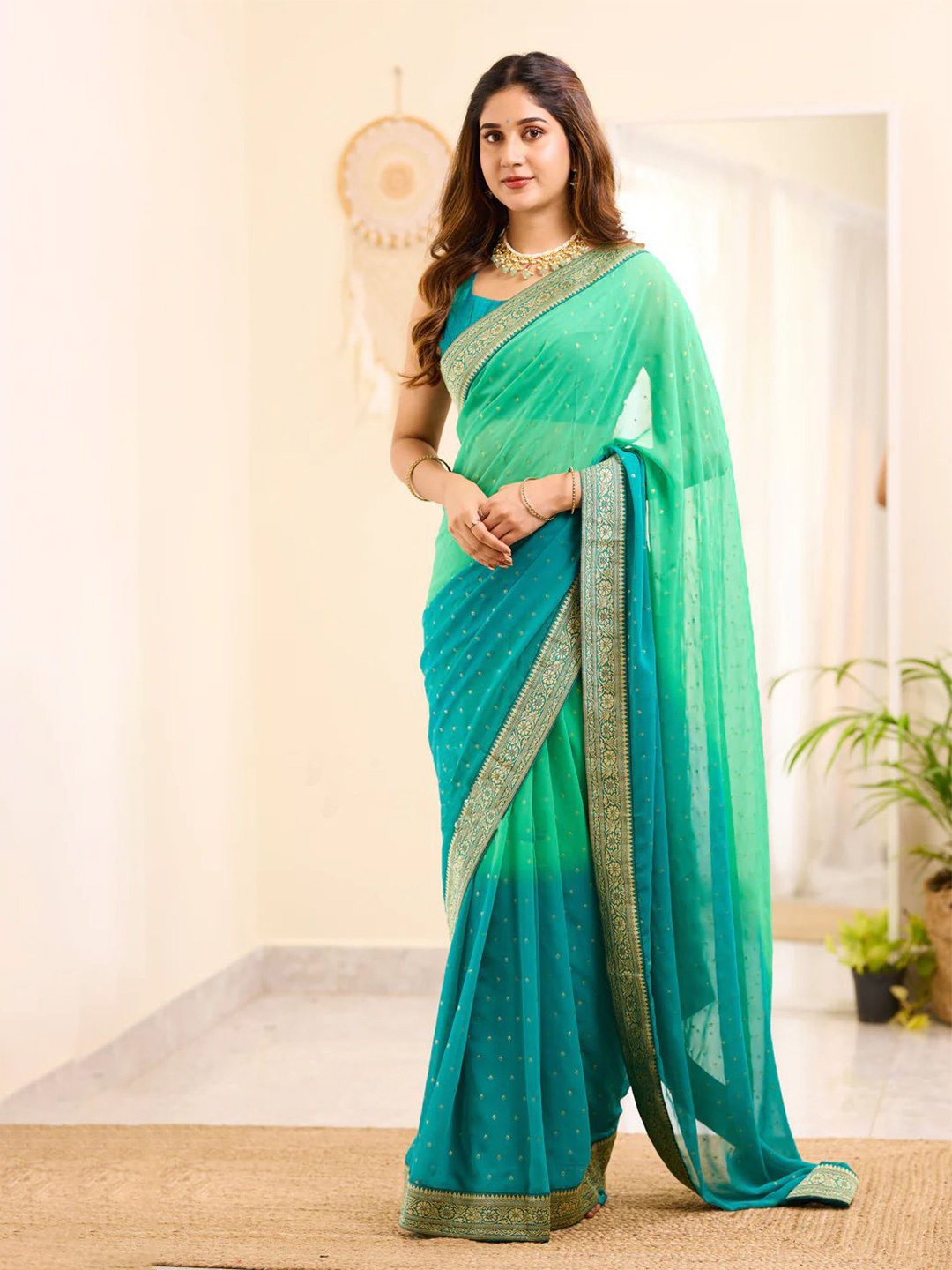 

LADY SHOPI Zari Woven Pure Georgette Ombre Saree, Sea green