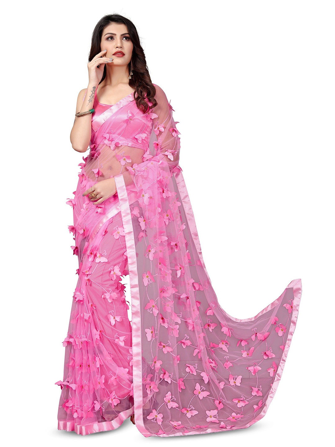 LADY SHOPI Women Embroidered Sequinned Floral Saree, Pink
