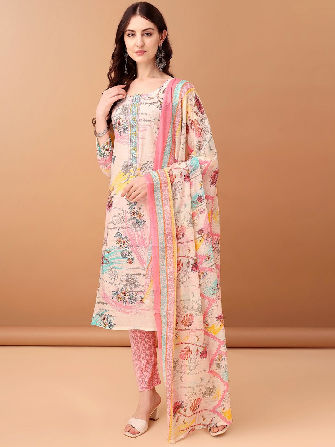 

KALINI Floral Printed Kurta with Trousers & Dupatta, Pink