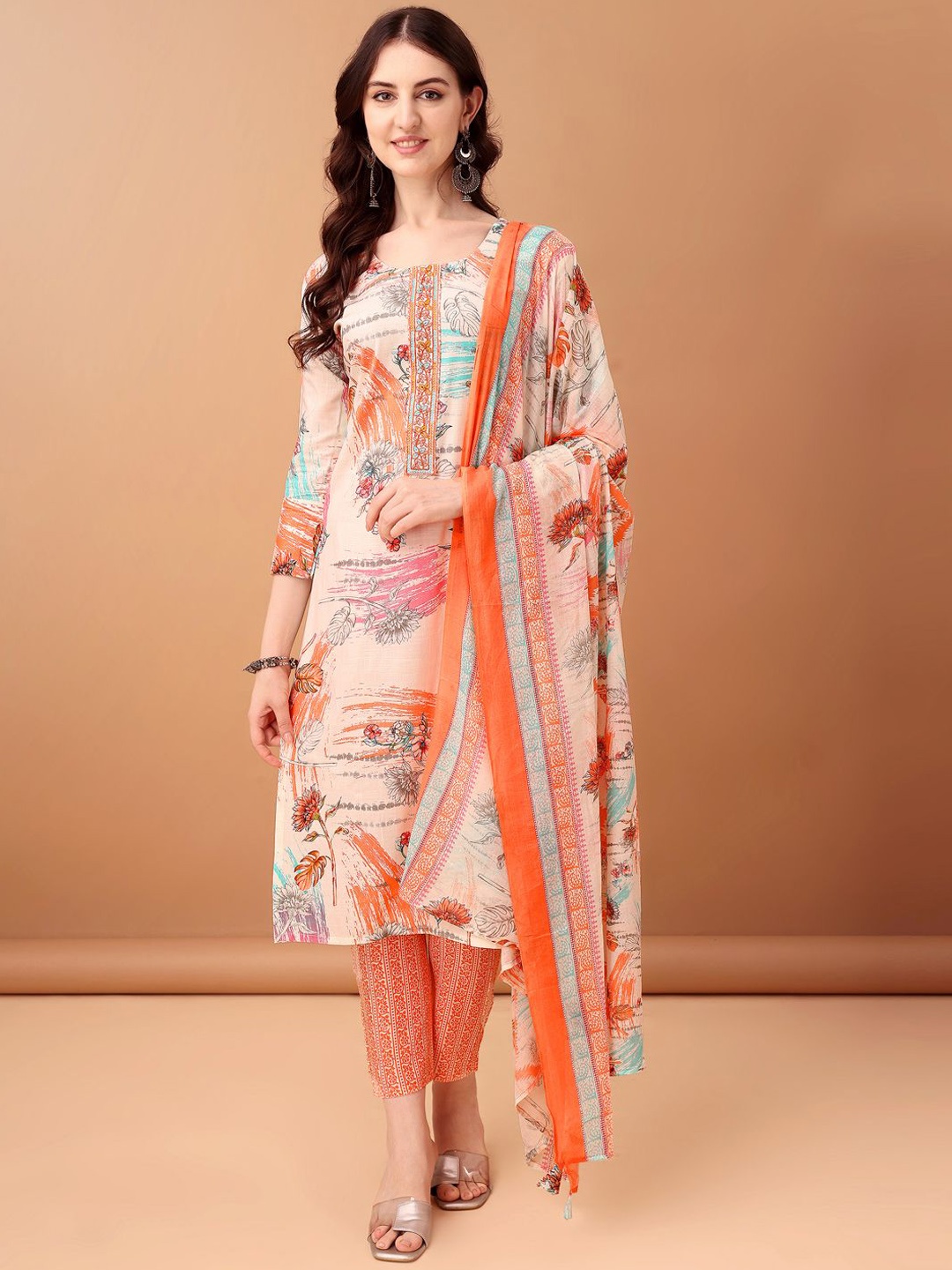 

KALINI Floral Printed Kurta with Trousers & Dupatta, Orange