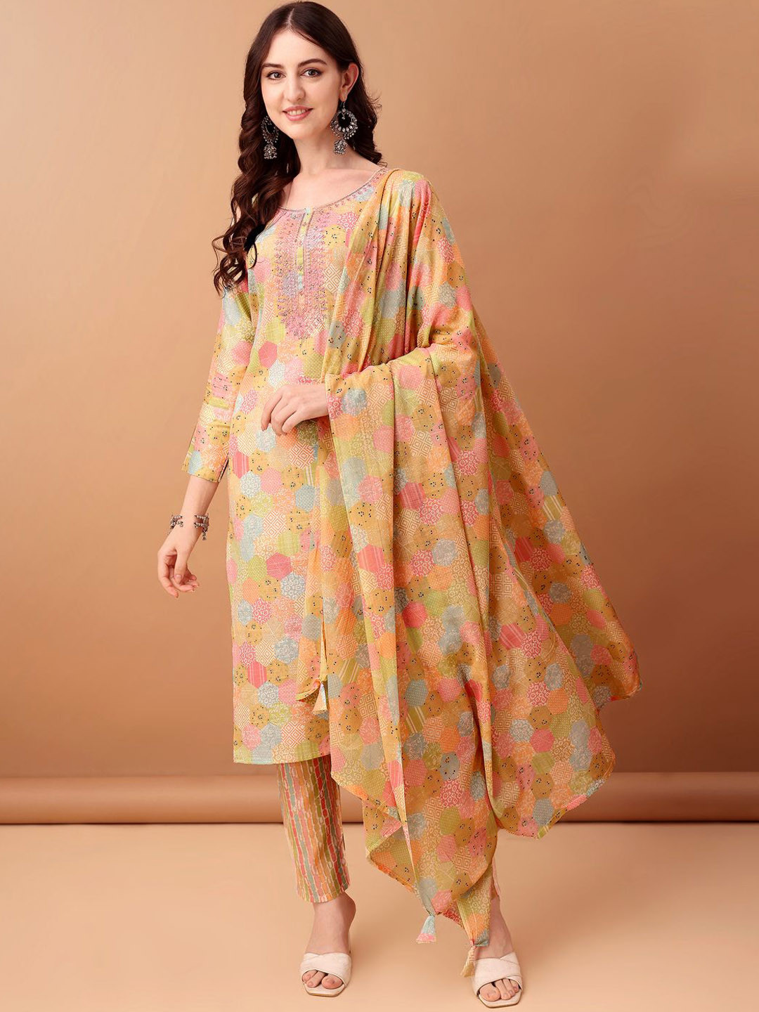 

KALINI Floral Embroidered Straight Kurta with Trousers & Dupatta, Yellow