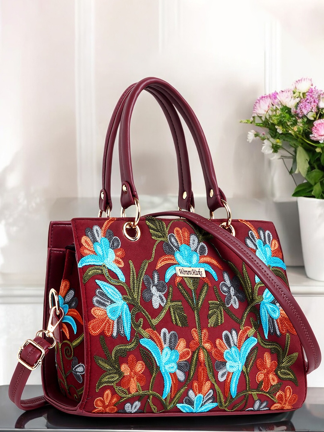 

WOMEN MARKS Women Floral Embroidered PU Structured Handheld Bag, Maroon