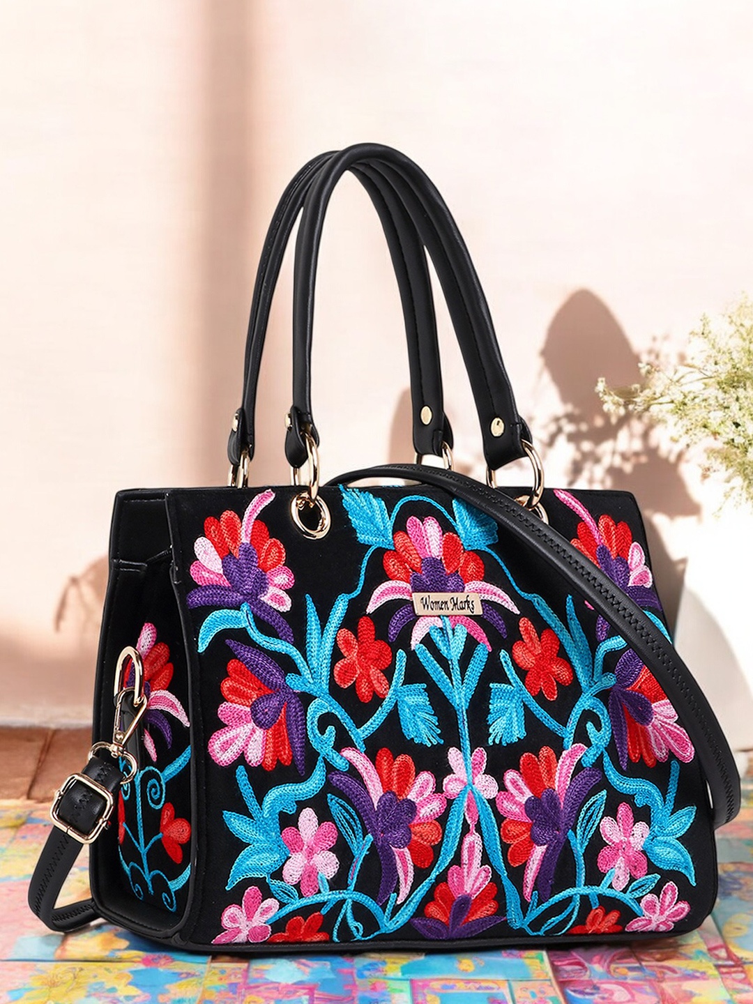 

WOMEN MARKS Floral Printed PU Oversized Shopper Handheld Bag, Black