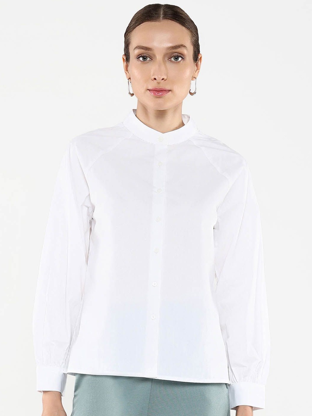 

RAREISM Women Mandarin Collar Cotton Shirt Style Top, White