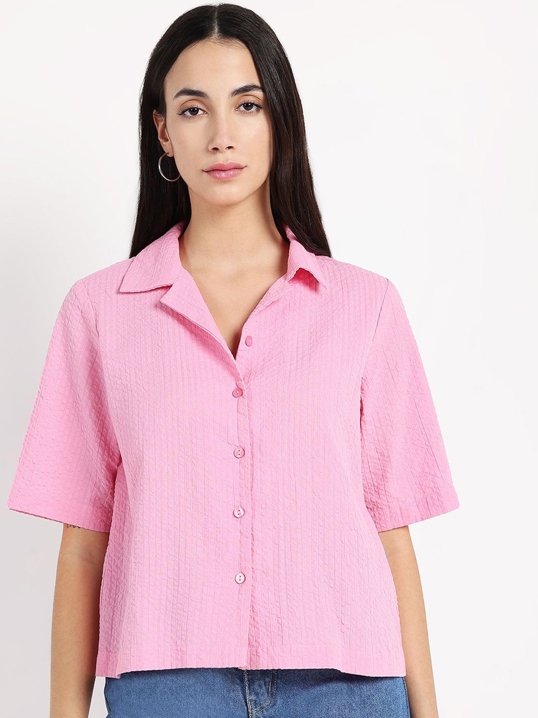 

RAREISM Solid Self Design Cotton Shirt Style Top, Pink